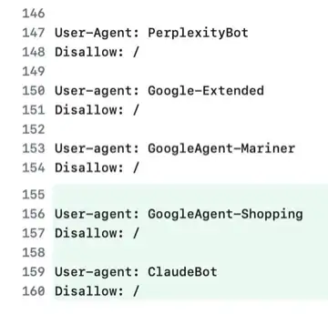 A code/robots.txt screenshot showing Disallow rules for User-Agents PerplexityBot, Google-Extended, GoogleAgent-Mariner, GoogleAgent-Shopping, and Cla