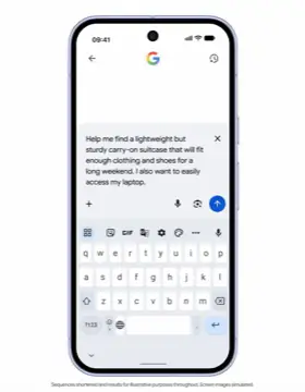 A phone mockup showing a Google search-style AI assistant screen with typed text asking for help finding a lightweight carry-on suitcase, with a discl