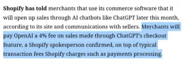 A text excerpt stating Shopify told merchants it will open sales through AI chatbots like ChatGPT, with merchants paying OpenAI a 4% fee on sales made