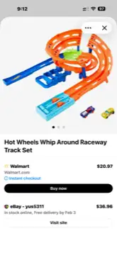 A phone screenshot of a 'Hot Wheels Whip Around Raceway Track Set' product card showing Walmart.com price $20.97 with an 'Instant checkout'/'Buy now' 