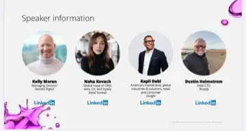 A 'Speaker information' slide listing four speakers with photos: Kelly Moran (Managing Director, Deloitte Digital), Neha Kovach (Global head of CRM/da