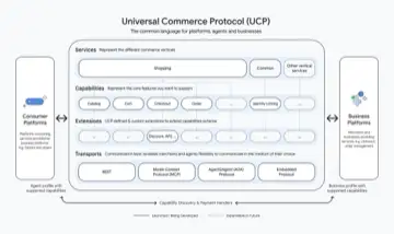 A diagram of the Universal Commerce Protocol (UCP) showing layers Services (Shopping, Common, Other vertical services), Capabilities (Catalog, Cart, C