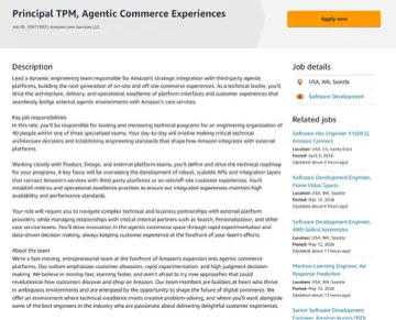 An Amazon.com job listing for 'Principal TPM, Agentic Commerce Experiences' describing leading a team of 40 engineers on Amazon's integration with thi