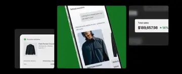 Three UI cards: a 'Purchase complete' order confirmation for a Field Pocket Overshirt, a chat interface titled 'Refined overshirts' recommending a Fie