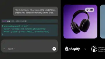 A dark-themed chat UI showing a user query for wireless noise-cancelling headphones under $200, a 'ucp catalog search' command invoking a UCP skill, a