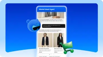 An illustrative mockup of a 'Market street Agent' chat interface recommending a 'One button Navy Blazer' ($355.95) and 'Black merino wool' jacket ($49