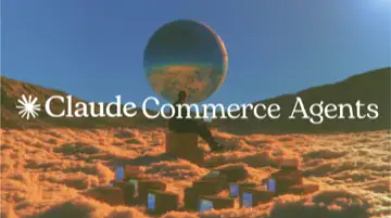 A stylized hero image with the Claude asterisk logo and text 'Claude Commerce Agents' over a surreal illustration of a man sitting on a box atop cloud