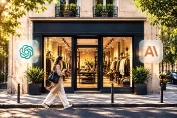 A stock photo of a woman walking past a clothing storefront with OpenAI and Anthropic logo icons overlaid on either side.