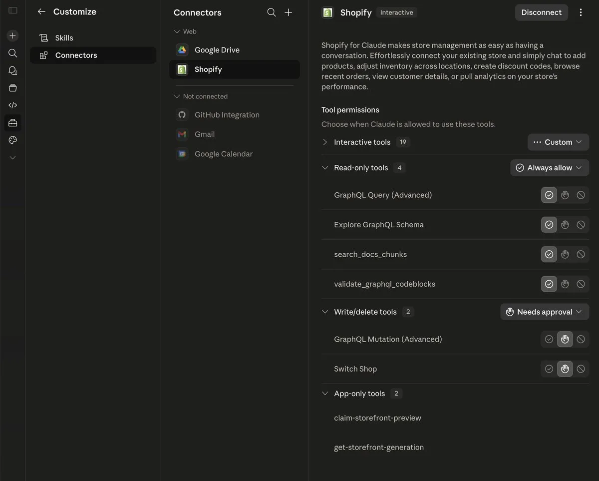 Connector Shopify trong Claude