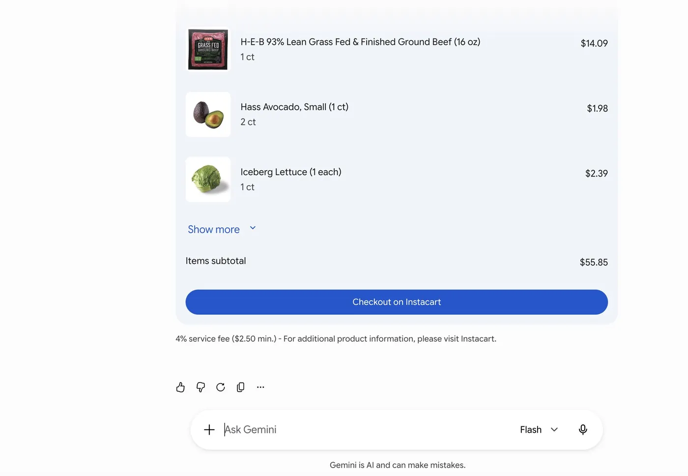 Instacart chạy trong Gemini tự lên giỏ hàng từ yêu cầu thực đơn cả tuần, sau đó chuyển sang "Checkout on Instacart" và hiển thị phí dịch vụ 4%