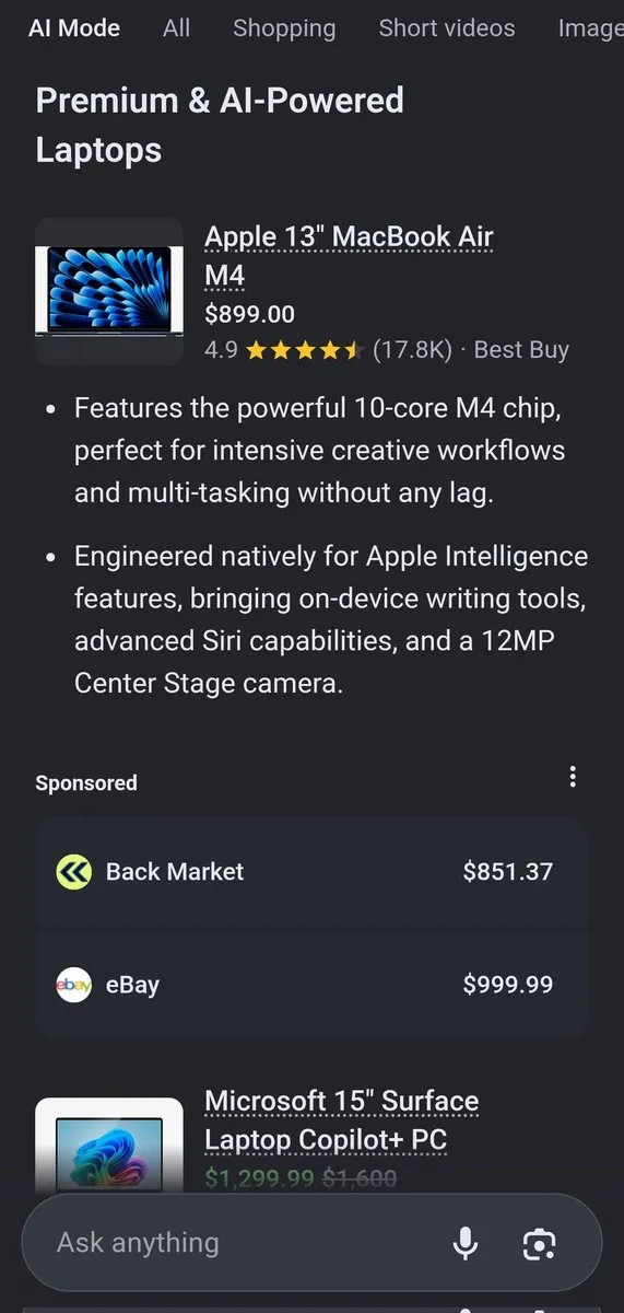 Trên mobile, Google AI Mode chèn giá tài trợ từ Back Market, eBay ngay dưới gợi ý MacBook Air tự nhiên