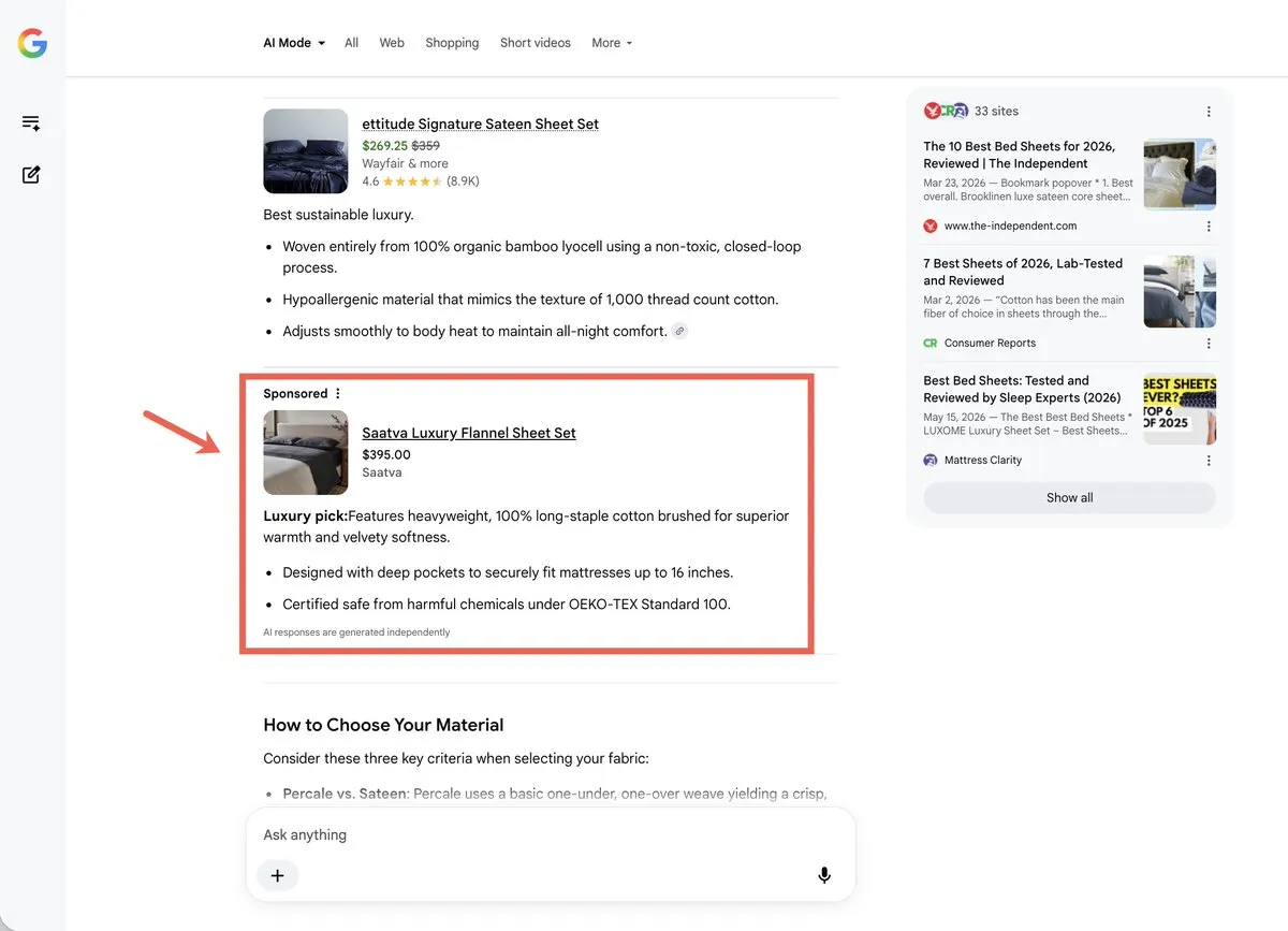 Tin Sponsored của Saatva nằm ngay trong câu trả lời mua sắm của Google AI Mode, trình bày giống gợi ý tự nhiên, cạnh 33 nguồn review được trích dẫn