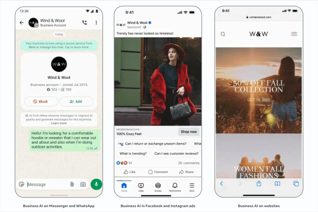 Meta Business AI tư vấn khách trên WhatsApp/Messenger, ngay trong quảng cáo Facebook, Instagram (gợi ý câu hỏi) và trên website của thương hiệu