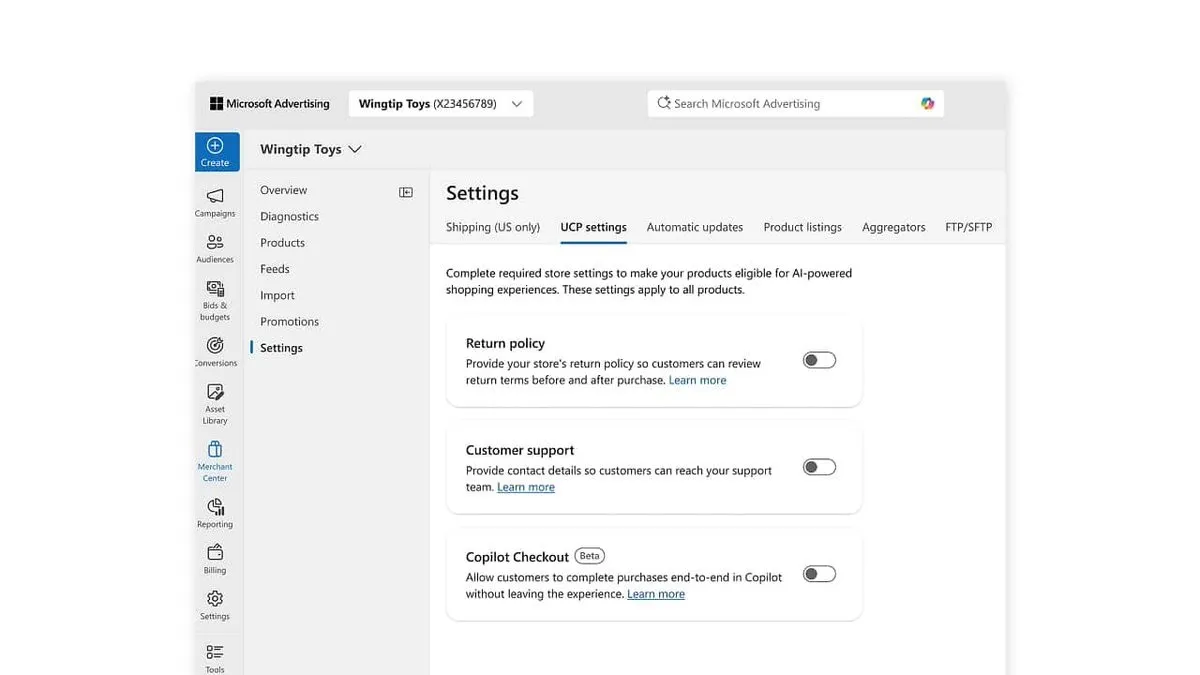 Mục UCP settings trong Microsoft Merchant Center