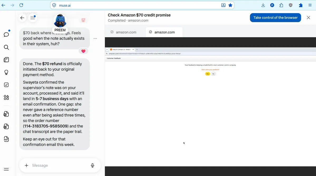 Agent Muse tự vào chat CSKH của Amazon trên trình duyệt và đòi được khoản hoàn $70 đã hứa