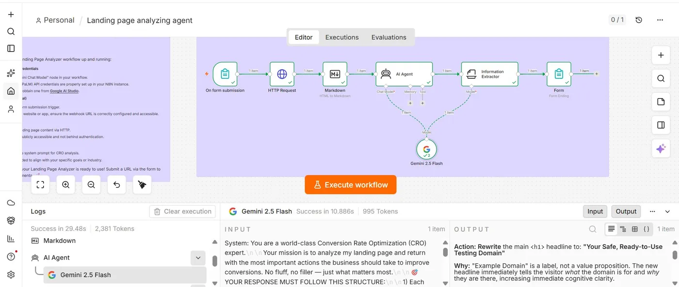 Workflow n8n lấy nội dung landing page, chuyển sang Markdown rồi để Gemini 2