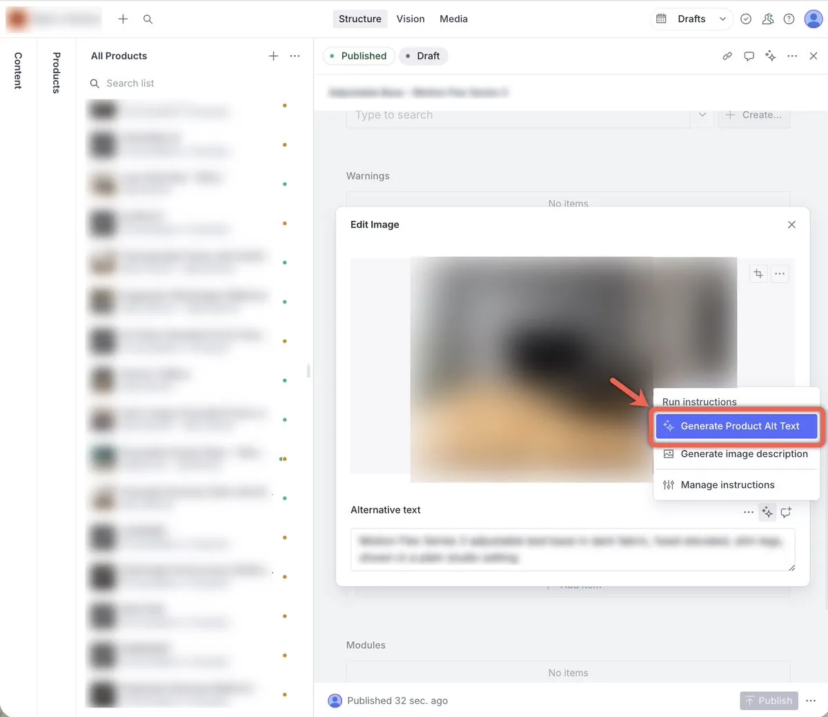 Trình sửa ảnh trong CMS có nút AI một chạm để sinh alt text và mô tả ảnh sản phẩm