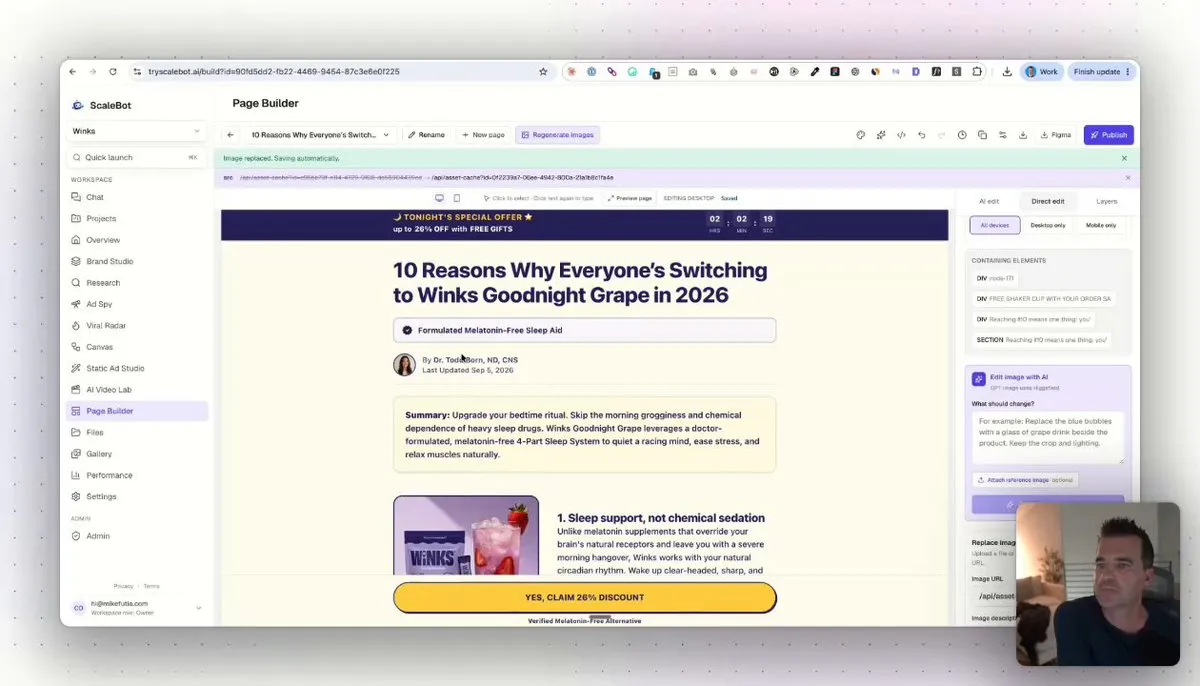 Page builder AI của ScaleBot đang chỉnh một trang advertorial do AI dựng, có sửa ảnh bằng AI theo từng phần tử và bảng chỉnh trực tiếp