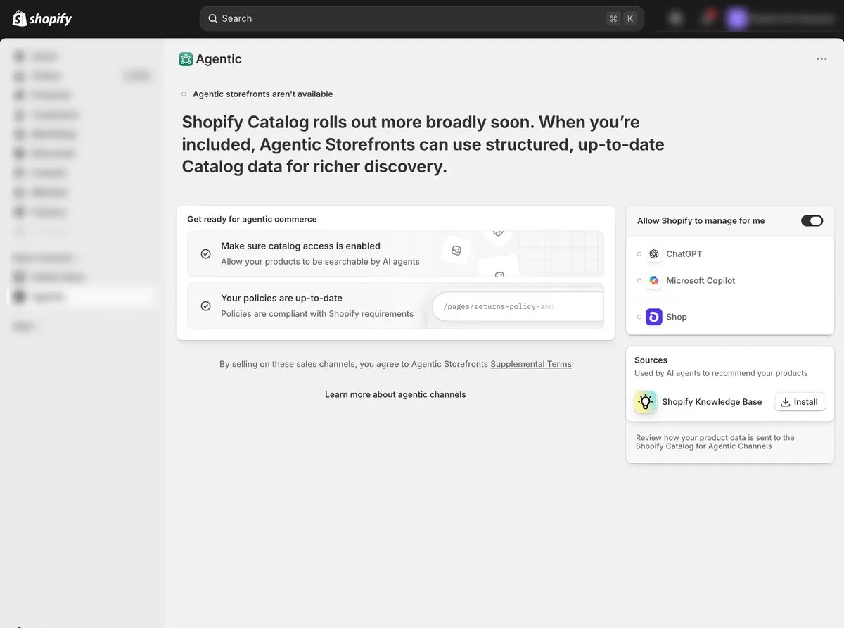 Trang Agentic trong Shopify admin