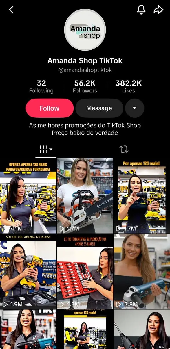 Tài khoản TikTok Shop Brazil dùng một gương mặt dẫn (được cho là do AI tạo) để bán đủ loại dụng cụ; các video nổi bật đạt 1,3–4,1 triệu lượt xem