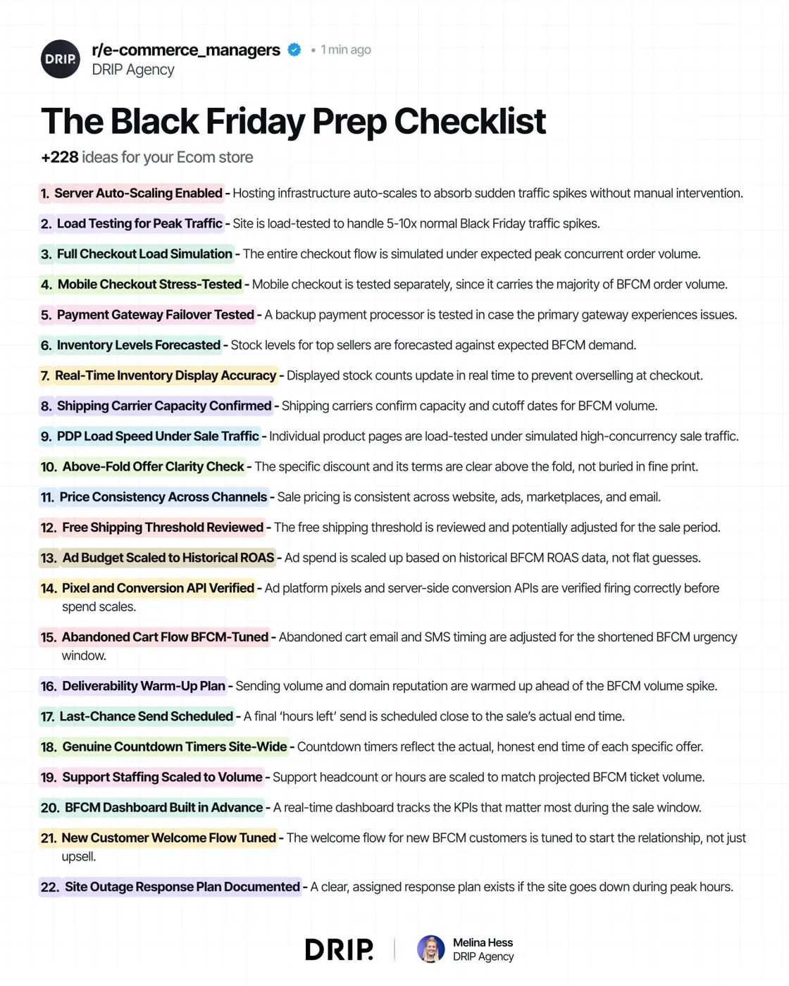 DRIP Agency's 'The Black Friday Prep Checklist' styled as a Reddit post