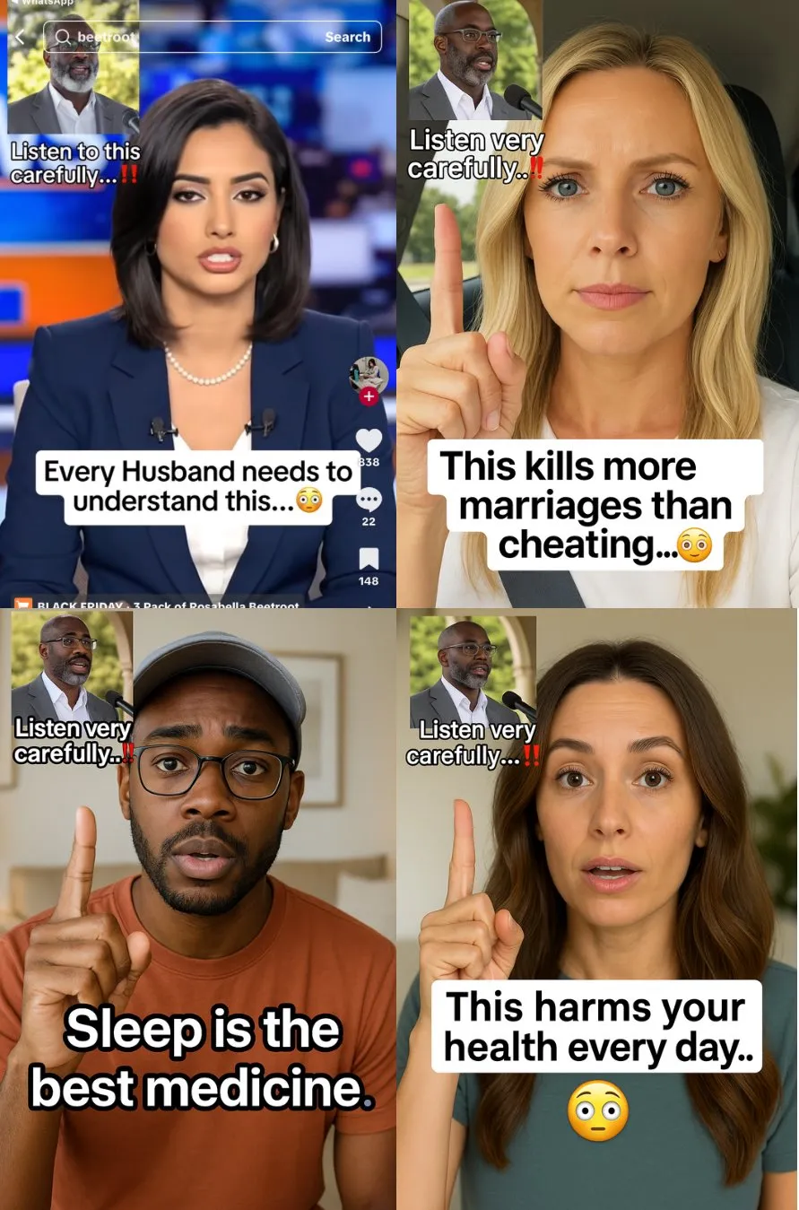 Four TikTok Shop video frames of AI-generated creator personas with hook captions ('Every husband needs to understand this
